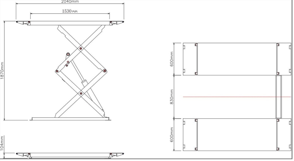 HYCLCB3000 Dubbele schaarhefbrug 3000kg opbouw - 220V - afmetingen